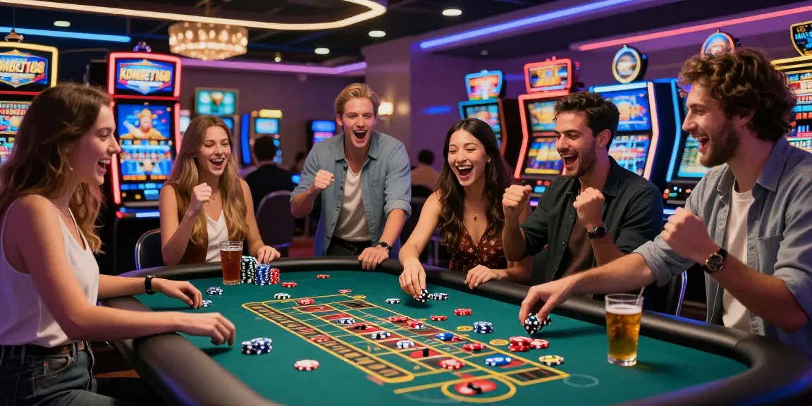 Friends celebrating their winnings at a casino roulette table featuring KOMBET168 promotions and vibrant atmosphere.