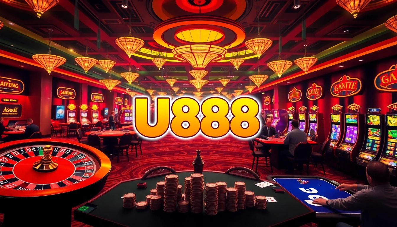 U888 casino scene showcasing excitement with roulette, poker, and vibrant slot machines.