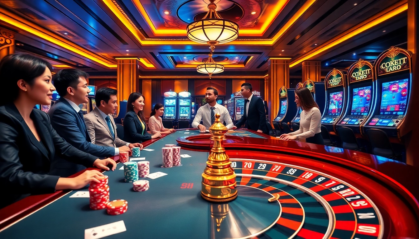 A vibrant online casino scene featuring เว็บ soibet with players on a sleek casino table and digital roulette.