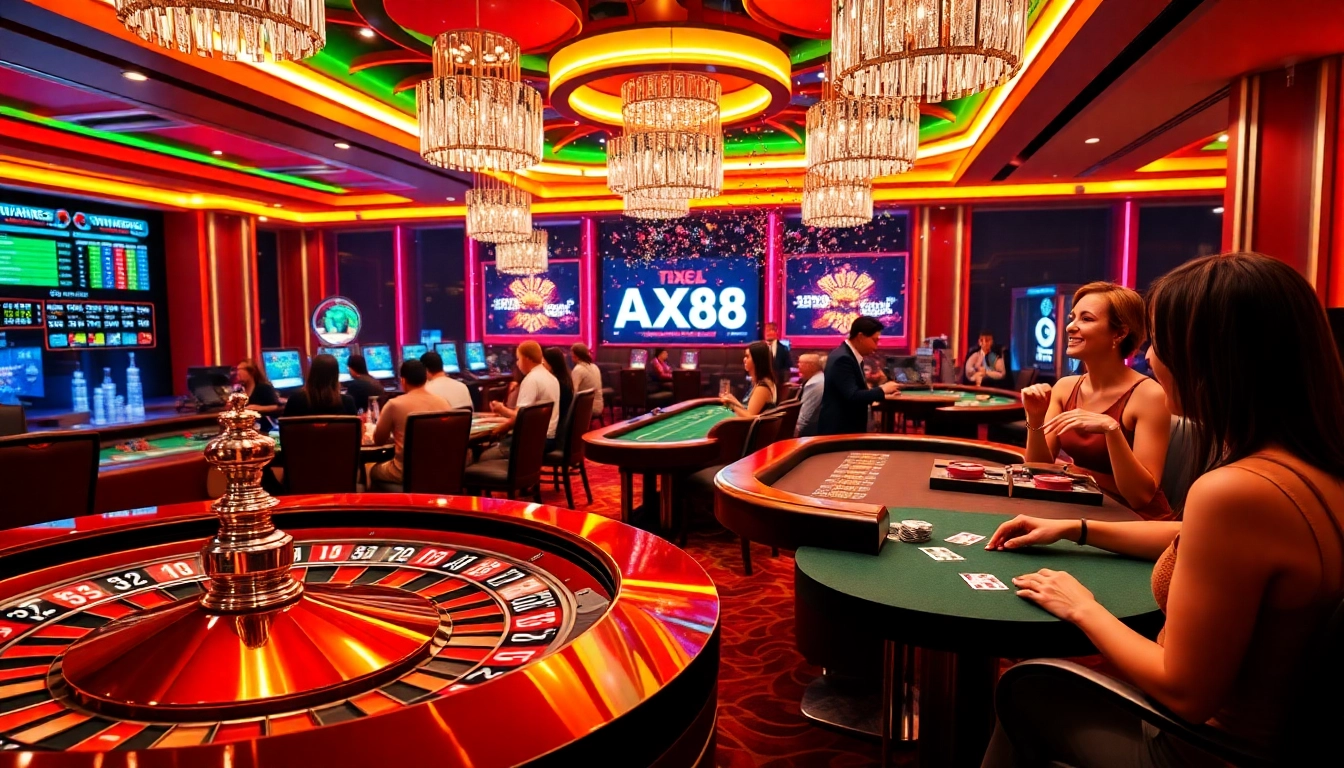 Engage in thrilling gaming experiences with AX88's vibrant casino atmosphere, featuring poker chips and roulette.