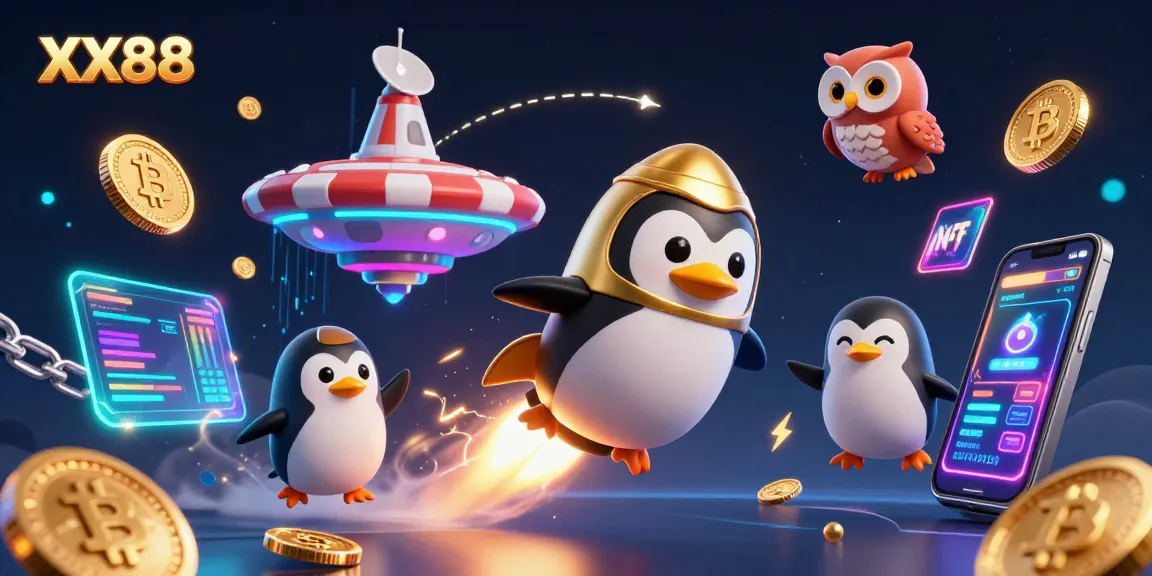 Experience the thrilling XX88 journey with a golden rocket-powered penguin soaring to riches!