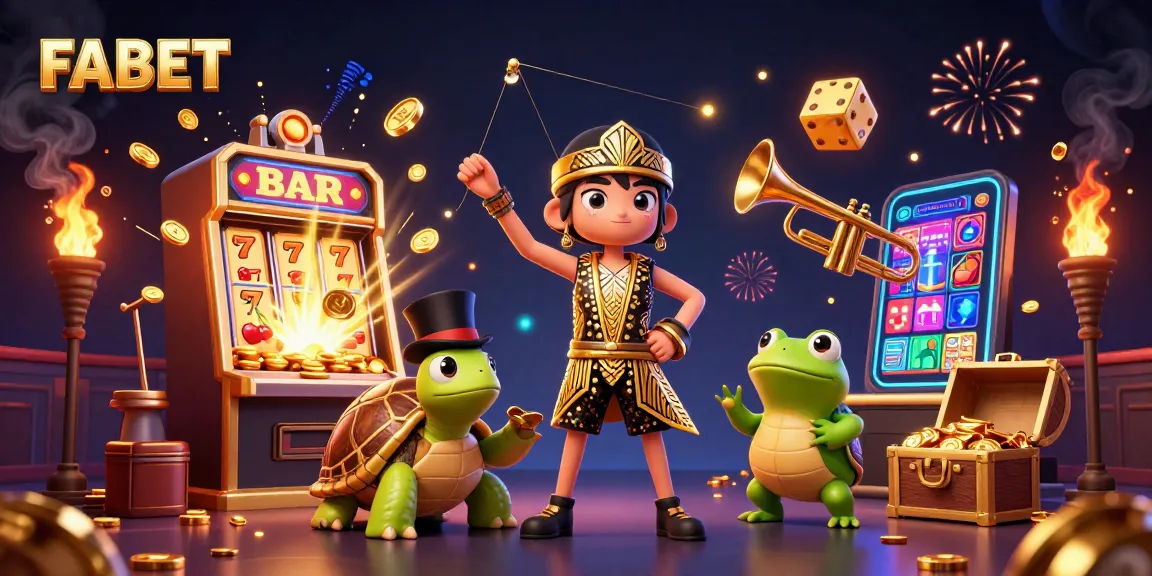 FABET showcases a lively 3D scene with a slot machine jackpot and unique characters.