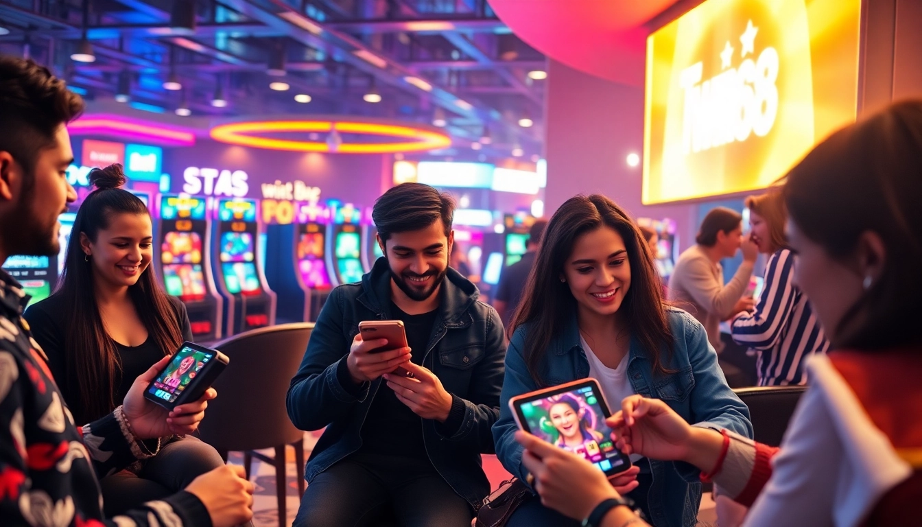 Twin68 online gaming platform scene with diverse players and vibrant digital games.