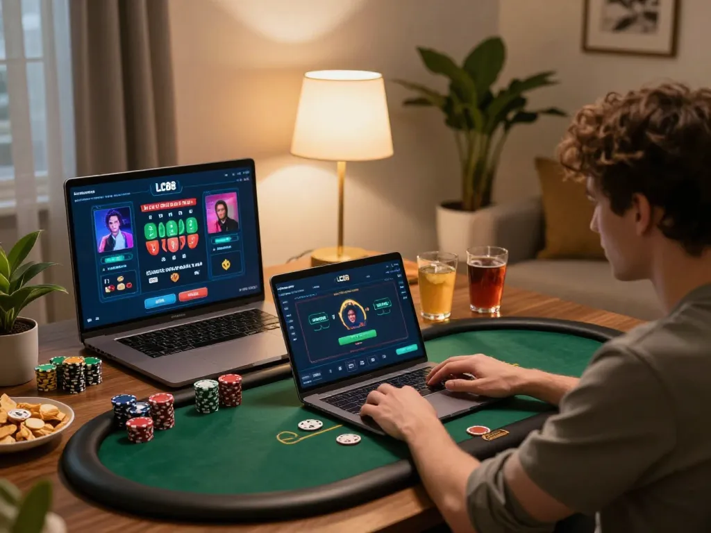Engaged player strategizing on LC88 gaming interface at cozy home setup.