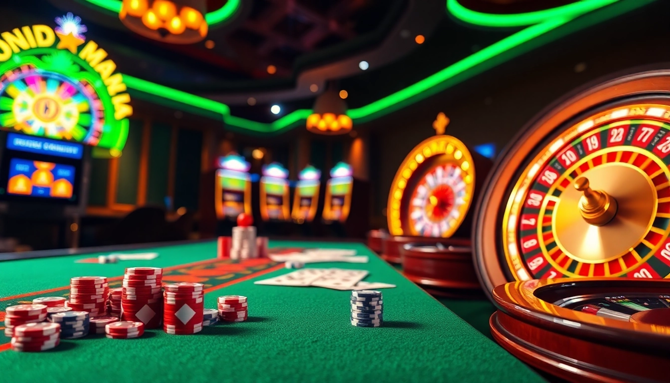 Dynamic casino scene highlighting nhà cái vn88 with poker chips and roulette wheels.