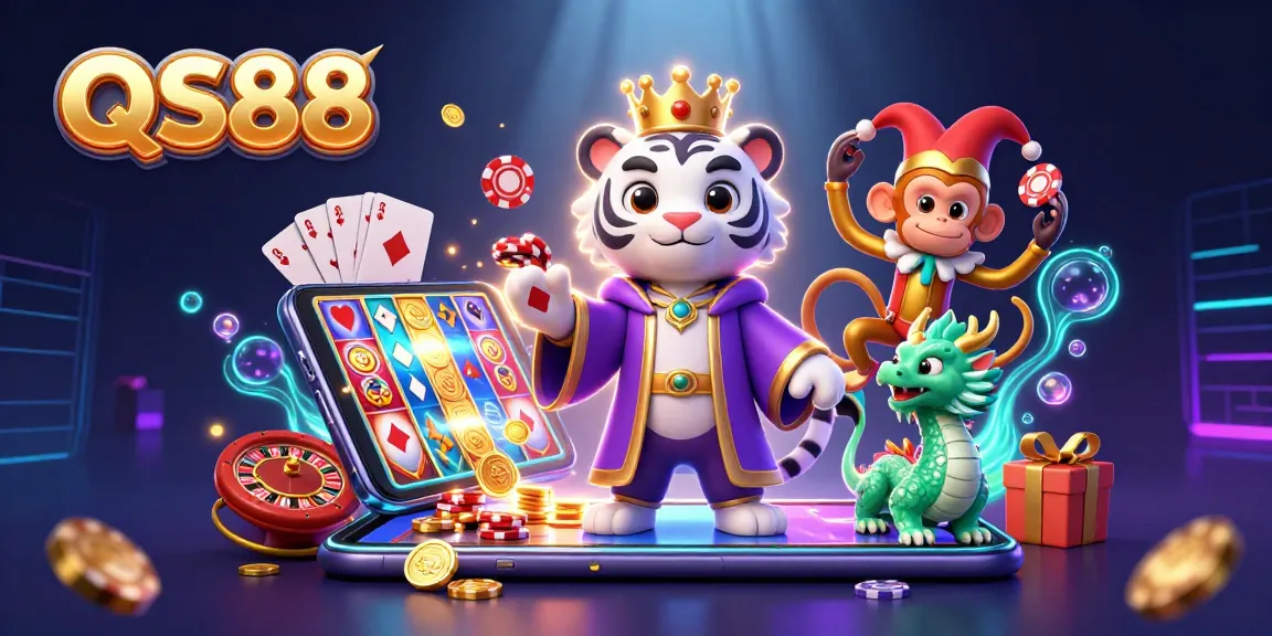 Engaging QS88 casino scene featuring a white tiger, jester monkey, and jade dragon amidst games and coins.