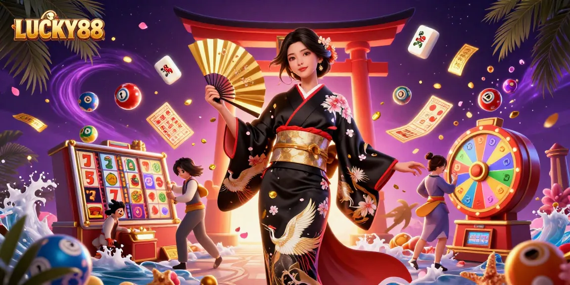 Experience the excitement of LUCKY88 with vibrant slot reels and winning symbols in an artistic scene.