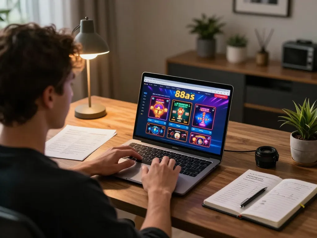 Engaged player using five88a for strategic online gaming in a cozy home office environment.