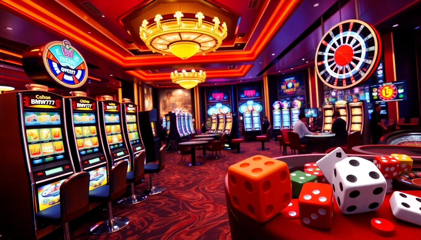 Bmw777 slot machines activated in a vibrant casino environment featuring poker tables and roulette wheel.