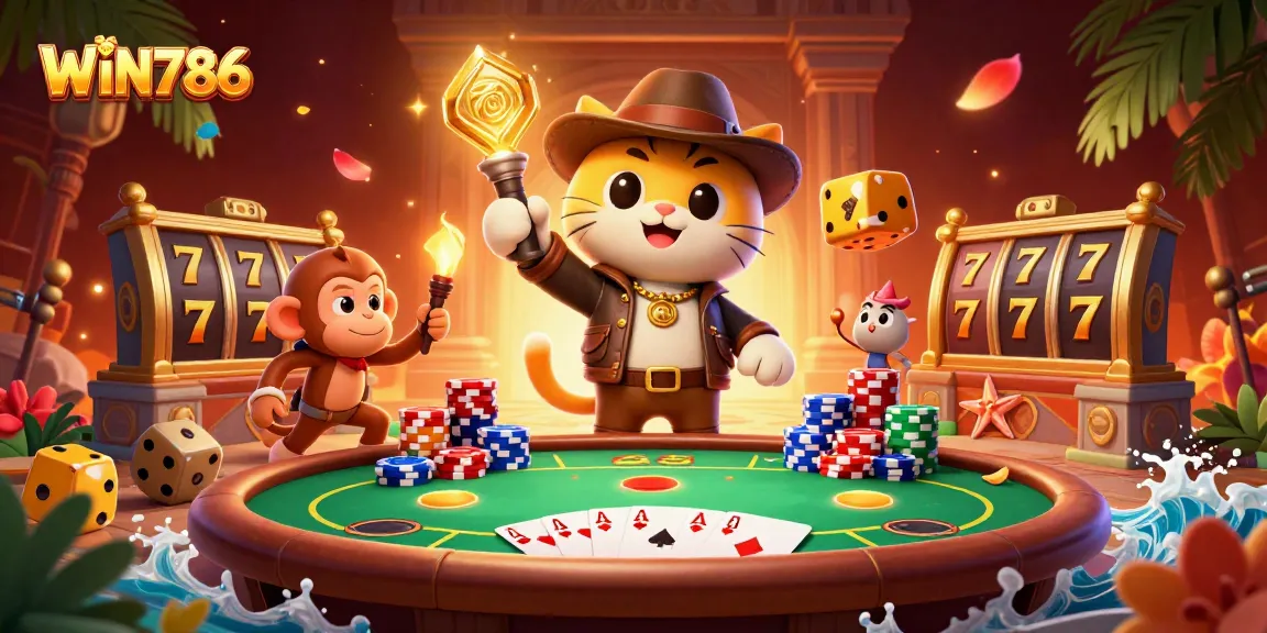 Experience the excitement of WIN786 with an adventurous cat archaeologist amid a vibrant casino scene filled with treasures.