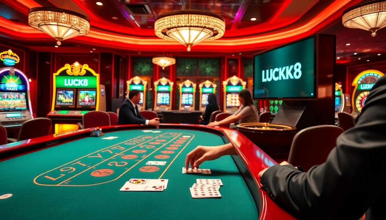 LUCK8 delivers an exciting casino experience with players at a baccarat table surrounded by slot machines.