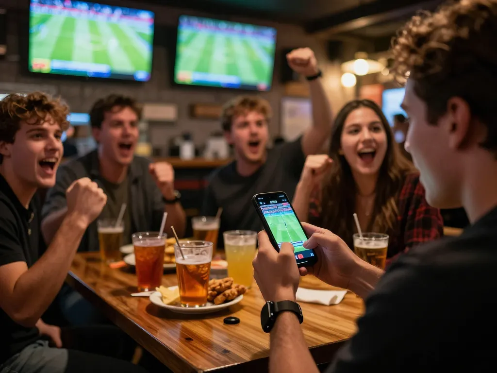 Person analyzing kết quả bóng đá on smartphone amid lively sports bar atmosphere, enhancing betting experience