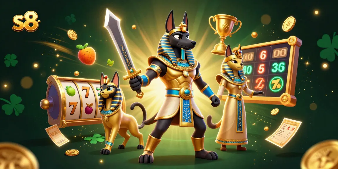 Spin exciting slot games at s8, featuring Anubis with gold coins, jackpots, and vibrant symbols.