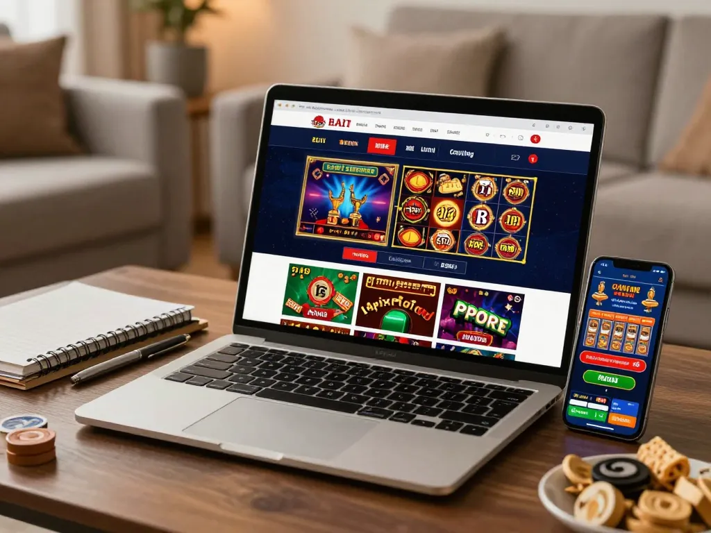 Engaging user interacts with 888NEW COM online gaming app in a cozy home setting.