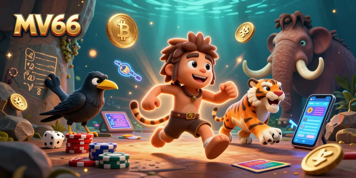 MV66 gaming features a vibrant 3D caveman casino scene with cryptocurrencies and engaging characters.