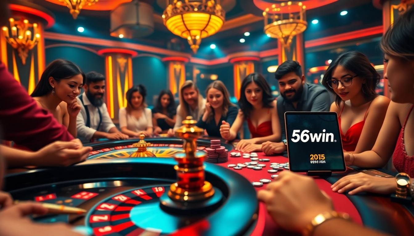Experience thrilling gameplay at 56win with casino tables, chips, and roulette wheels.
