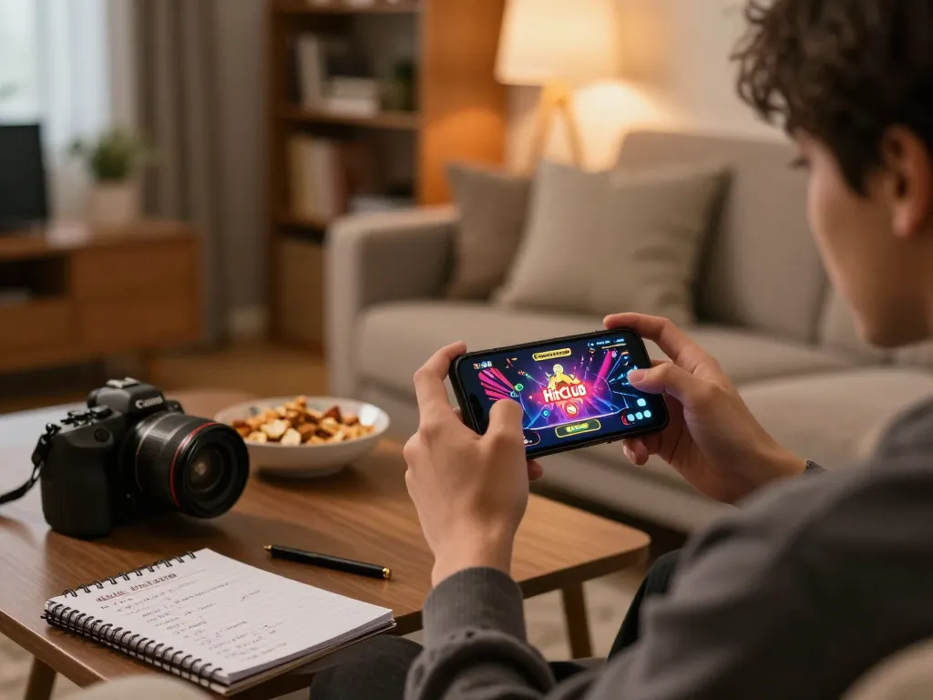 Engaged player enjoying HitClub app on smartphone in cozy home setting, showcasing mobile gaming excitement