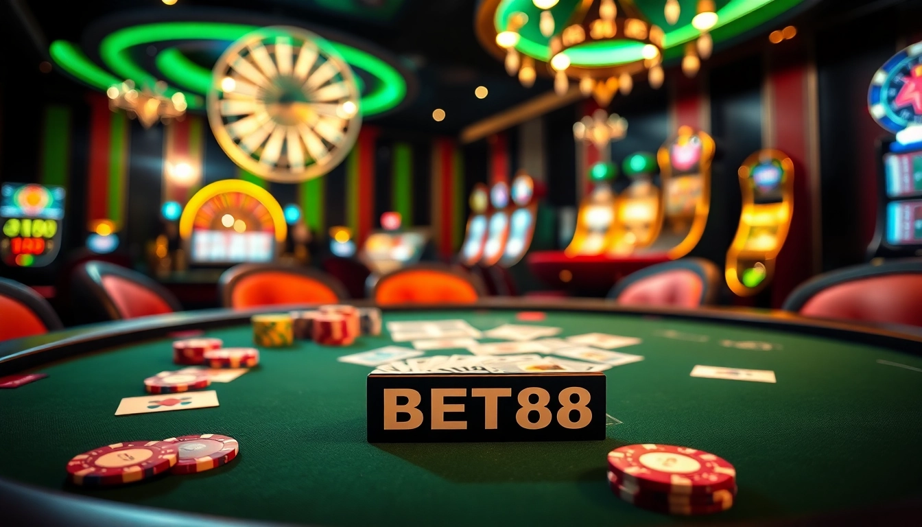 Engage at BET88's luxurious poker table featuring vibrant poker chips and quality cards.