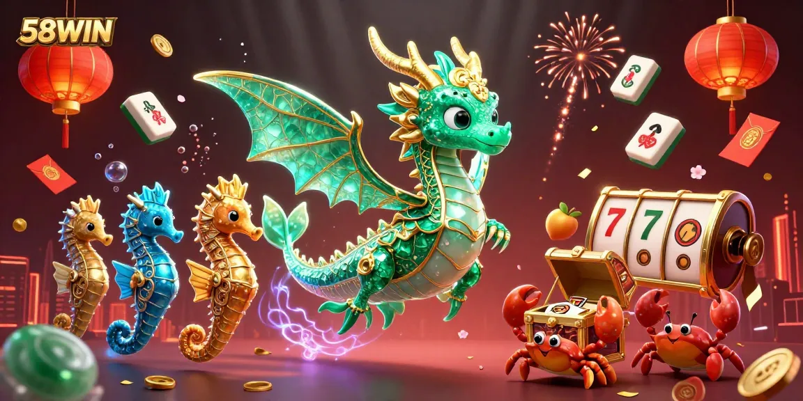 Experience thrilling gameplay with 58WIN's vibrant sea dragon and slot elements in a captivating 3D scene.