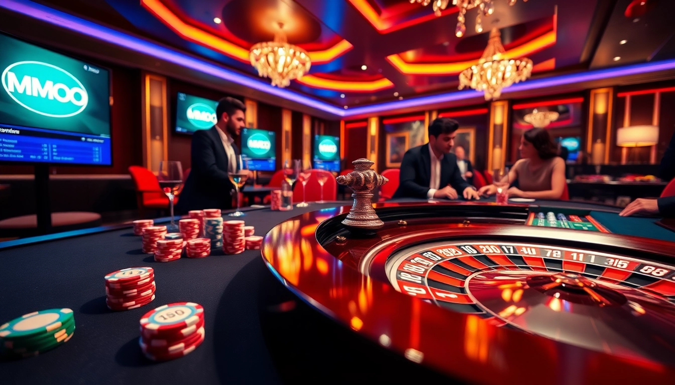 Engaging players at a luxurious MMOO online casino featuring poker chips and a roulette wheel.