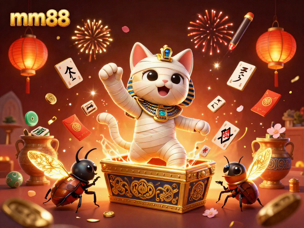 Engage with mm88's vibrant casino scene featuring a mummy cat and scarab beetle surrounded by festive gaming elements.