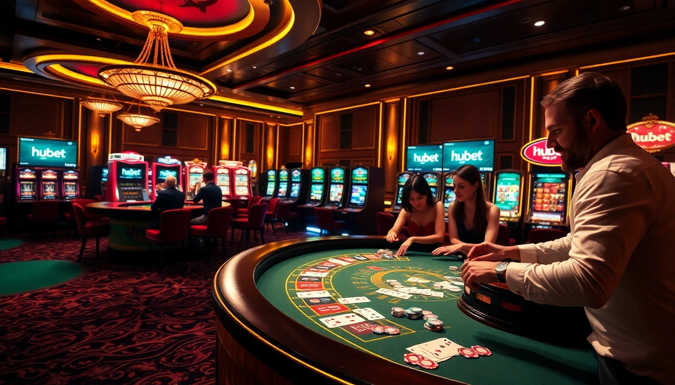Gamblers enjoying a thrilling game experience at hubet's luxurious casino tables with poker chips and roulette wheels.