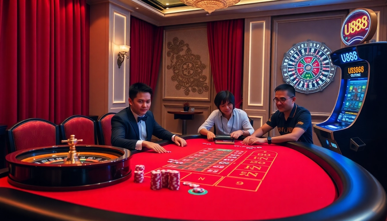 U888 poker game scene featuring vibrant chips and a stylish roulette wheel.