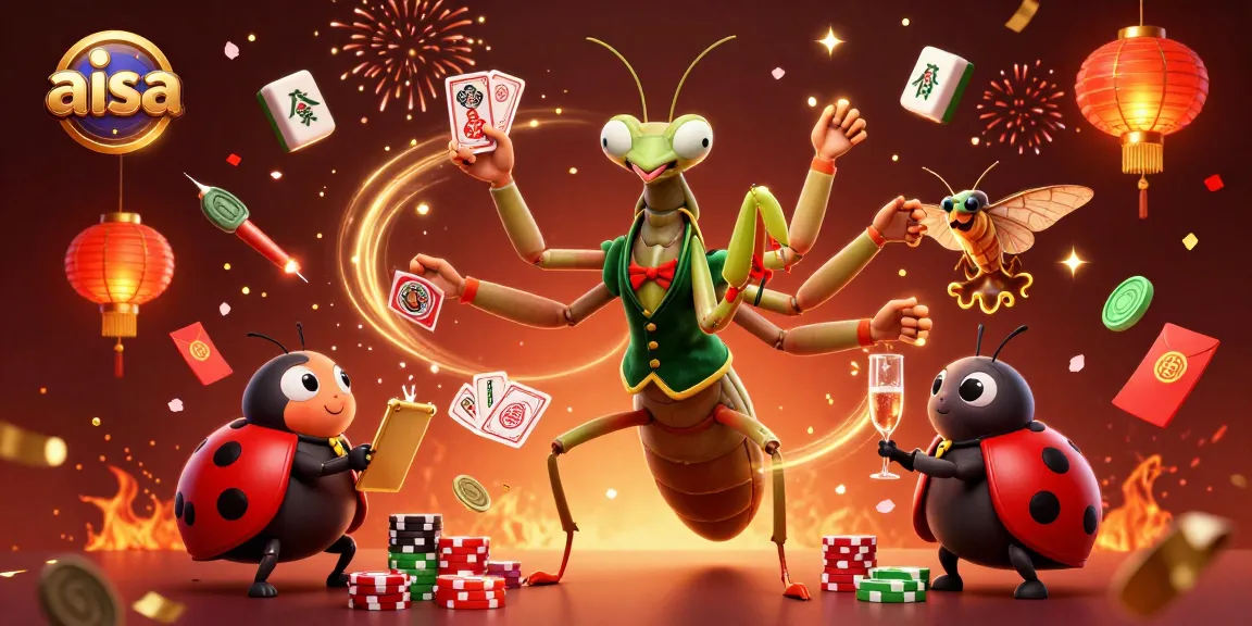 Aisa showcases a vibrant online casino scene with a giant mantis dealer, a ladybug pit boss, and dynamic game elements.