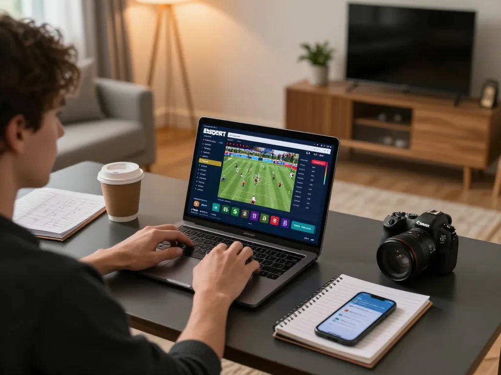 Betting on Bsport through a laptop in a cozy home setting, emphasizing responsible gaming.