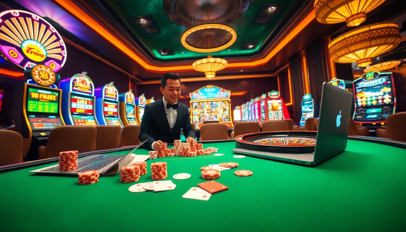 Players enjoying a high-stakes poker game at a 79king casino table with vibrant lighting.