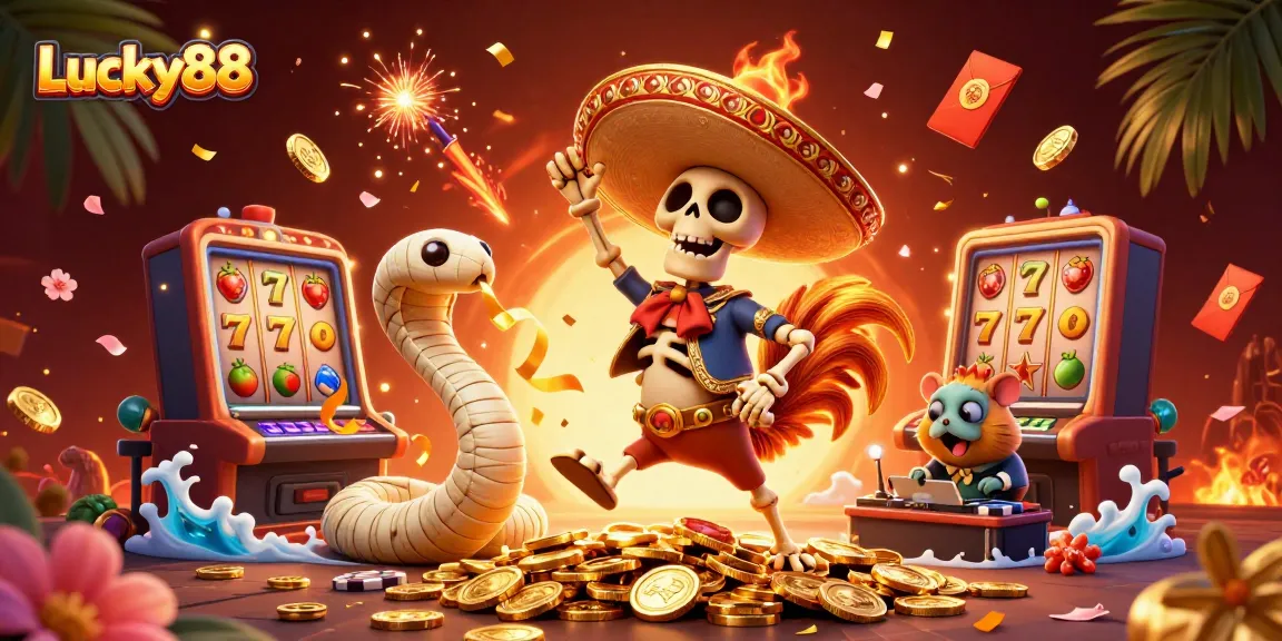 Lucky88 thrills with a festive mariachi rooster and friend characters celebrating amidst vibrant casino elements.