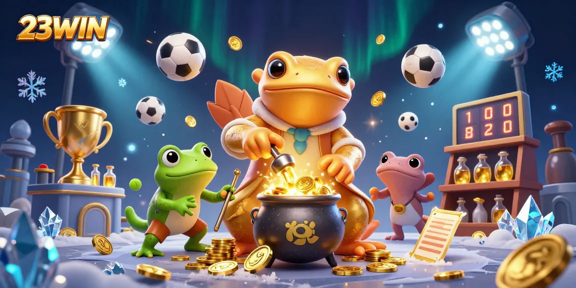 23WIN offers an exciting interactive experience with a vibrant illustration of gameplay elements set in a magical alchemical laboratory.