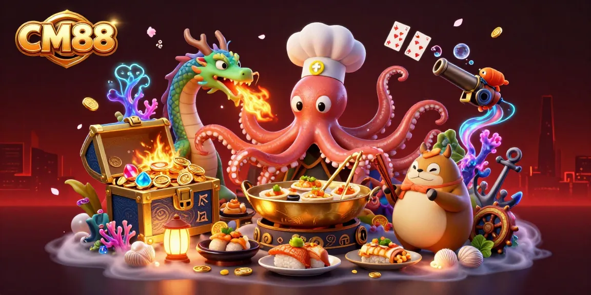 Experience thrilling gaming at CM88 with a vibrant scene featuring a cartoon octopus chef, dragon, and lively casino elements.
