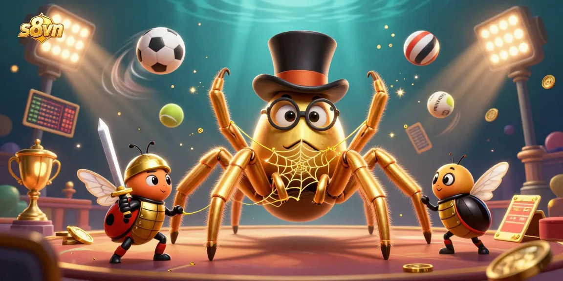 Engage with s8vn's casino adventure featuring a golden tarantula and beetle knight in a vibrant scene.