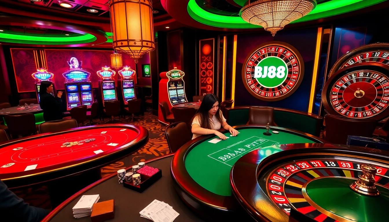 Gamblers enjoying an exciting poker game at BJ88 casino, filled with vibrant colors and high stakes.