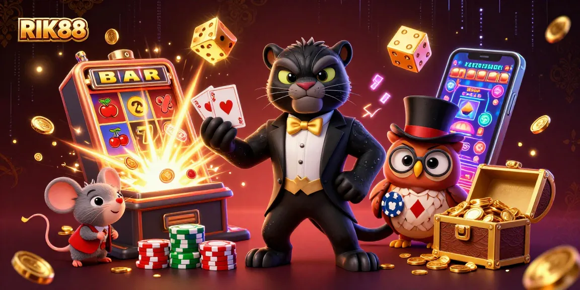Engage with RIK88's vibrant casino experience featuring card games, slots, and lucky characters.
