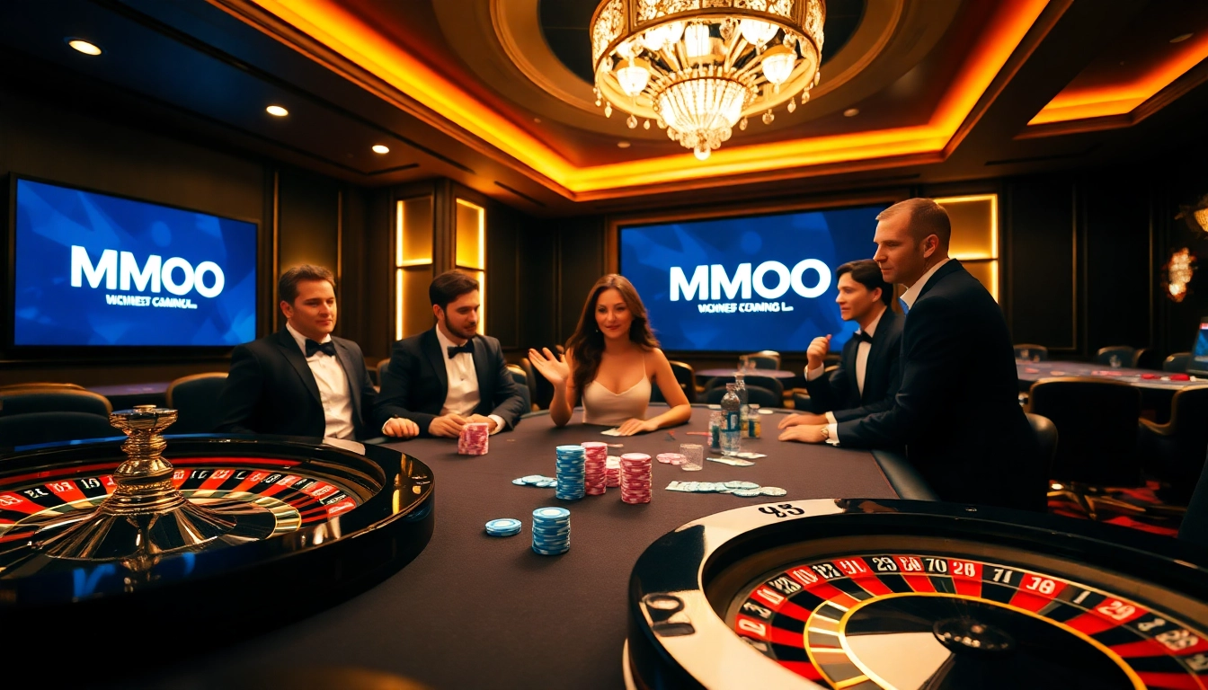 MMOO players enjoying poker in a luxurious casino setting with vibrant chips and cards.