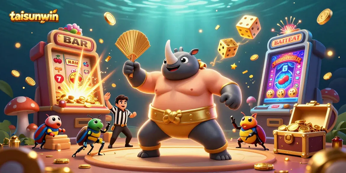 Taisunwin showcases thrilling casino moments with a vibrant 3D beetle sumo champion and dynamic gambling elements.
