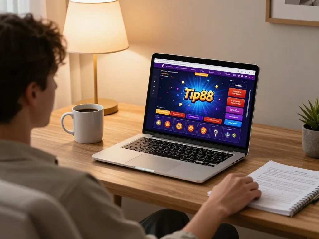 Engaging in tip88 online casino gaming with a laptop and strategy notes in a cozy home environment