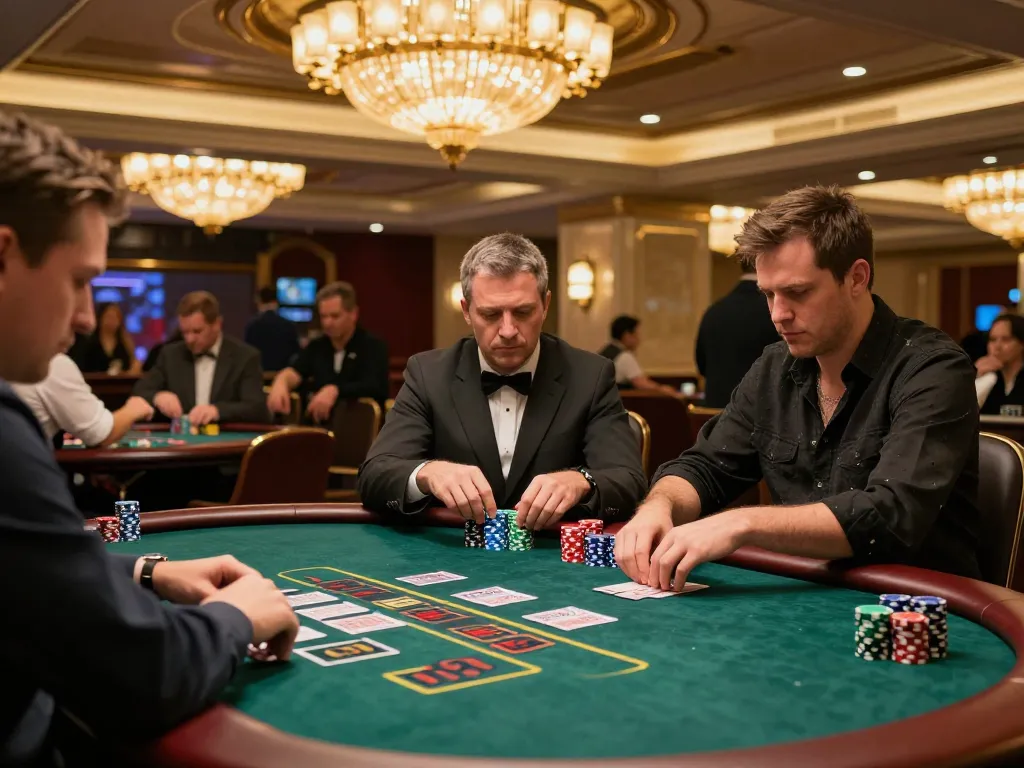 Luck8 players engaging strategically at a blackjack table in a luxurious casino setting.