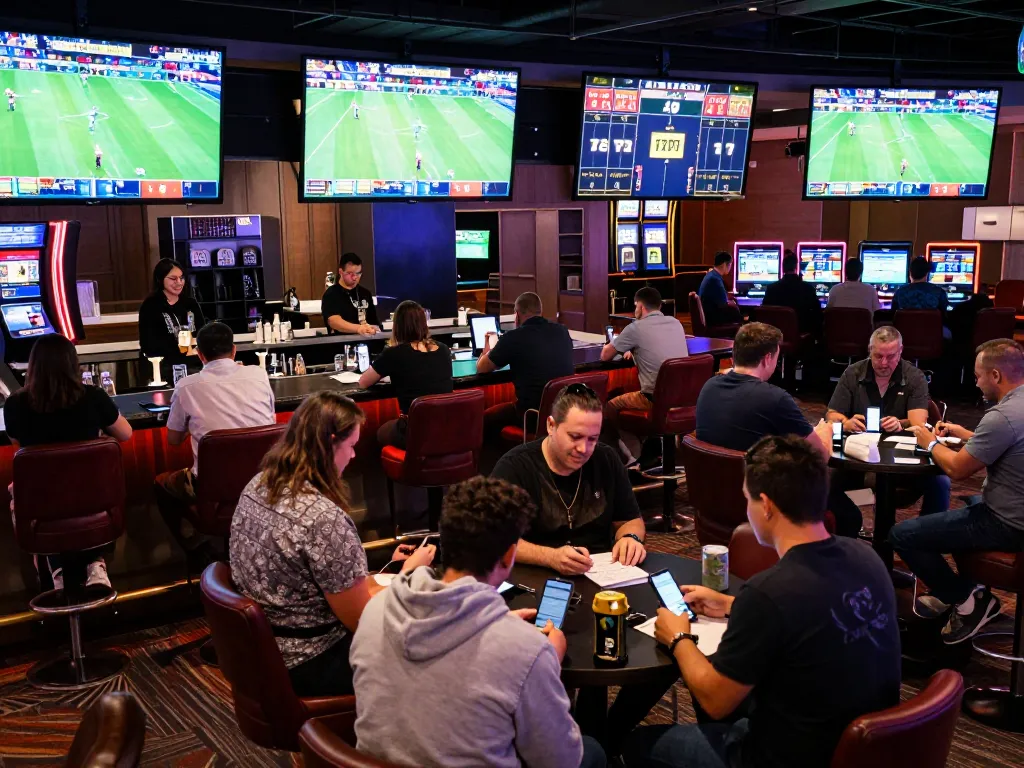 Soi kèo nhà cái in action as gamblers strategize bets in exciting sports betting lounge.