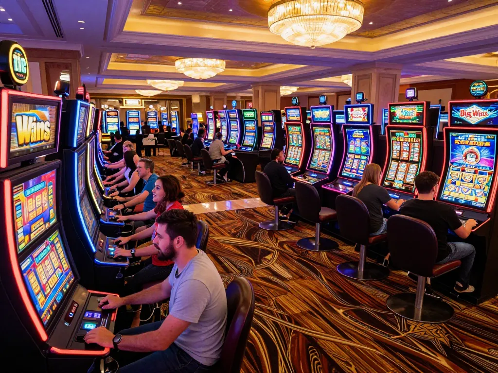 Players enjoying vibrant slot machines at the Sun Win casino, celebrating every spin.
