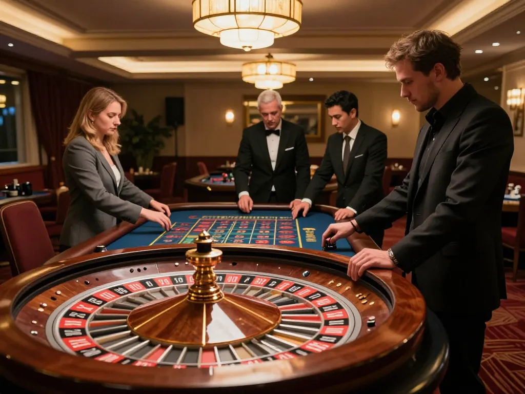 mm88 players placing bets at a roulette table in an upscale casino environment