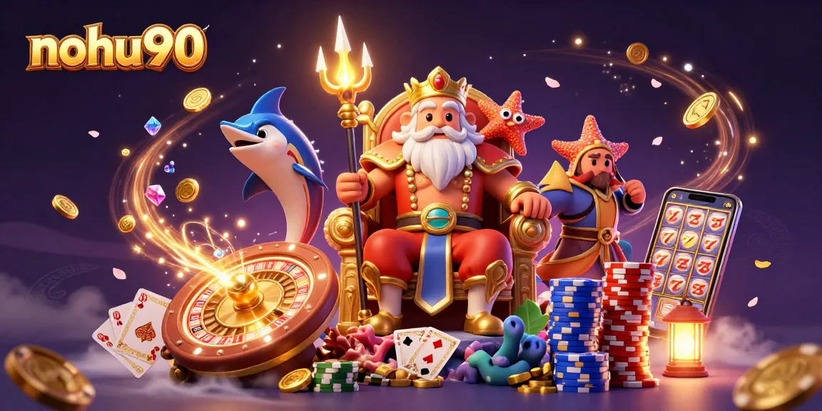 Nohu90 gaming experience featuring animated Neptune and casino elements like slots, roulette, and poker chips