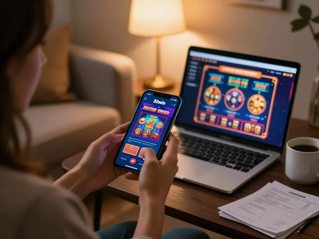 Player engaging with 32win mobile app on a cozy sofa, demonstrating online gambling comfort.