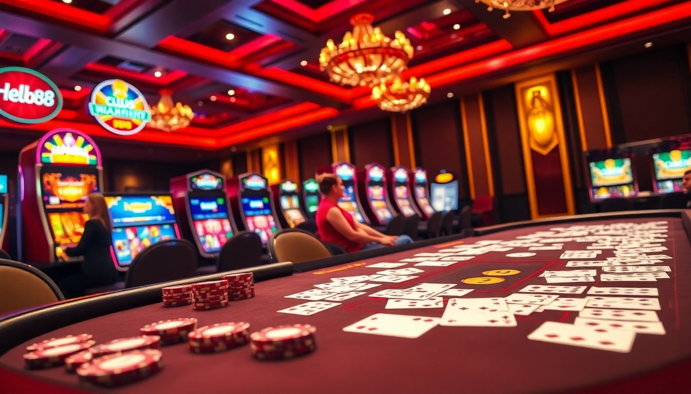 Experience thrilling gaming action at Hello88 with vibrant slots, poker chips, and casino tables.
