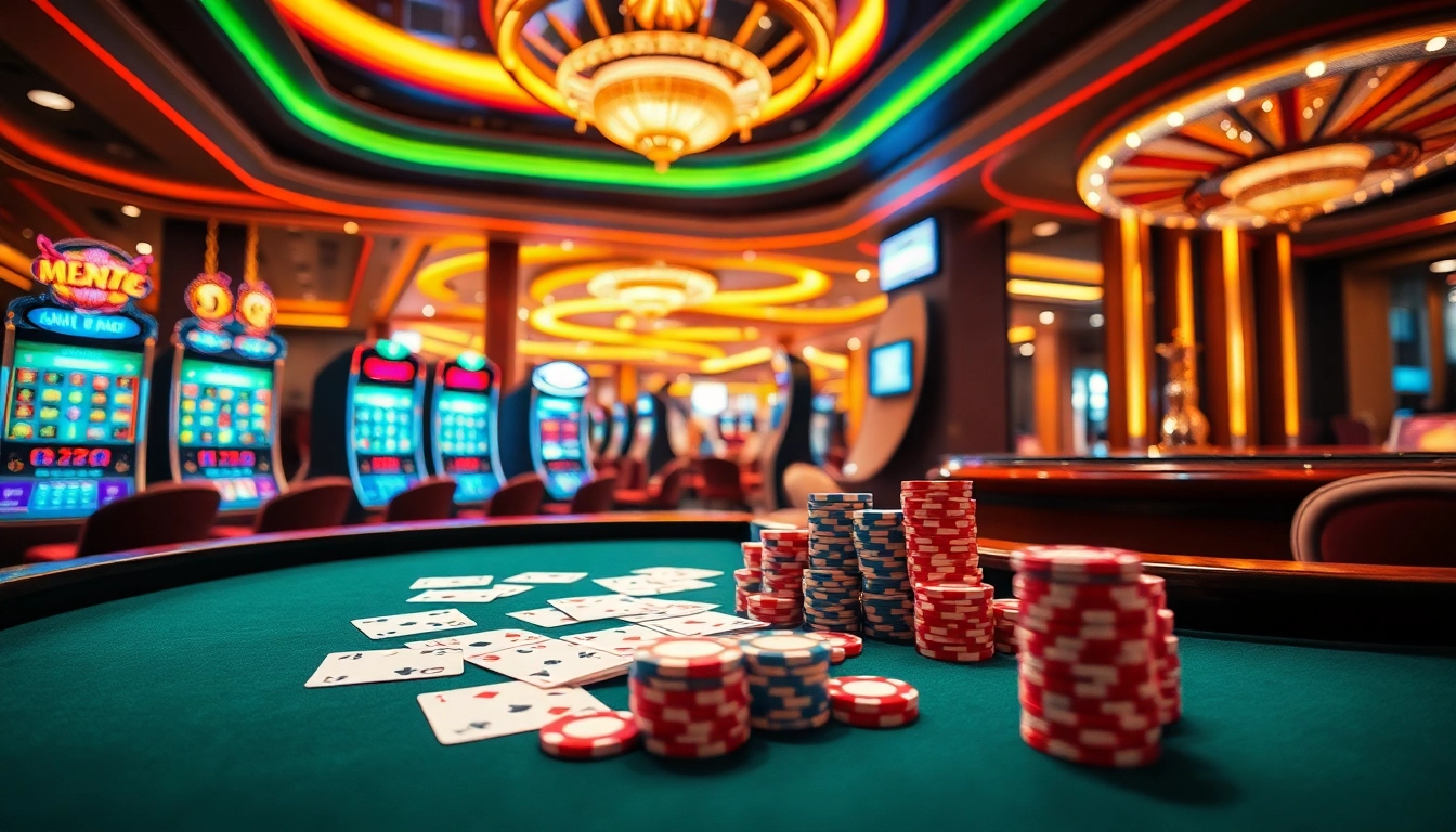 Exciting poker game at MM88 COM with colorful chips and casino tables.