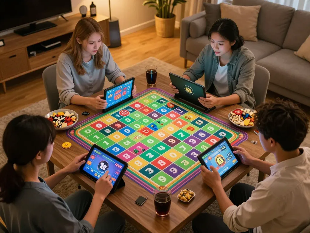 Exciting online keno gameplay on the bgd33 platform with players focusing on tablets in a cozy home.