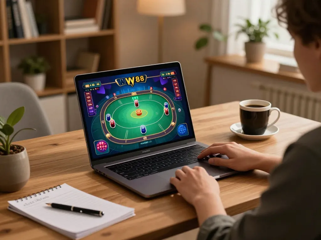 WW88 player enjoying a poker game on a laptop, showcasing an engaging home gaming environment
