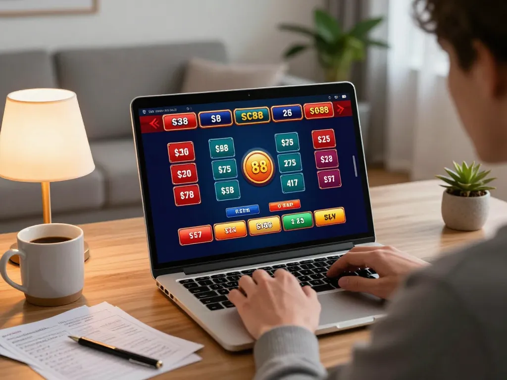 Engaging with game sc88 on a laptop in a cozy environment, highlighting online gambling experience.